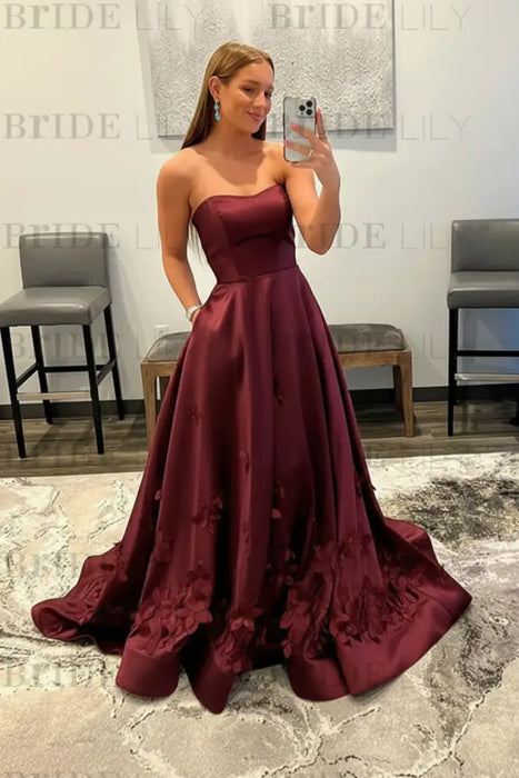 Burgundy Strapless Satin Long Prom Dresses with 3D Flowers