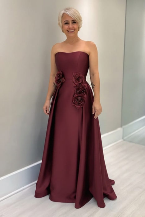 Burgundy Satin Mother of the Bride Dress Strapless with Flowers - Prom Dresses