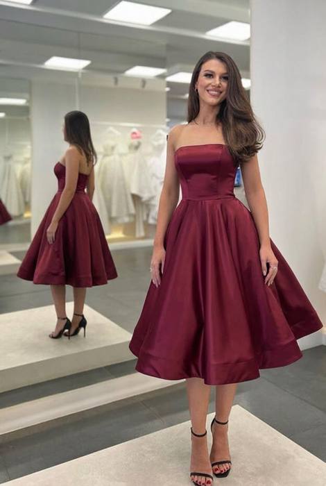 Burgundy Satin Strapless Prom Dress