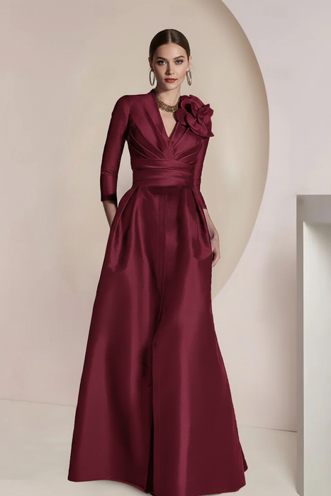 Burgundy Satin V-Neck Mother of the Bride Dress with 3/4 Sleeves with Split Front