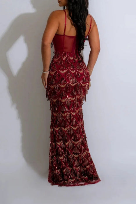 Black Sequin Prom Dress with Sleeveless V Neck Long Evening Gown