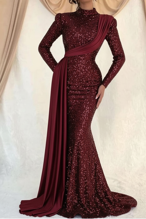 Burgundy Sequins Long Sleeves High Collar Mermaid Prom Dress with Ruffle