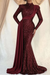 Burgundy Sequins Long Sleeves High Collar Mermaid Prom Dress with Ruffle