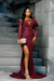 Burgundy Mermaid Prom Dress Beadings Long Sleeves Evening Gown High Slit with 3D Flowers