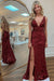 Burgundy Sequins V Neck Backless Sleeveless High Slit Prom Dress