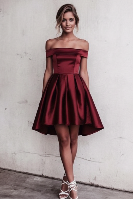 Burgundy Sexy Off the Shoulder Prom Simple Short Homecoming Dress - Prom Dresses
