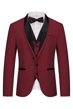 One Button Three Pieces Burgundy Check Design Slim Fit Suit
