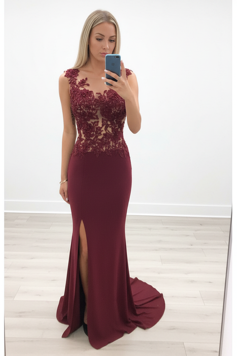 Burgundy Sheath/Column Scoop Sleeveless Applique Chiffon Dresses - Prom Dresses