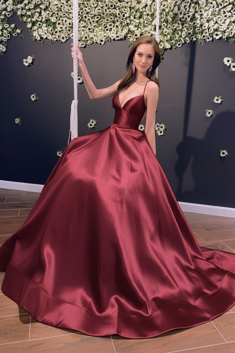 Burgundy Simple A Line V Neck Backless Yellow Long Prom Dresses