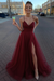 Burgundy Simple A Line V Neck Tulle Long Prom Dresses with High  Split