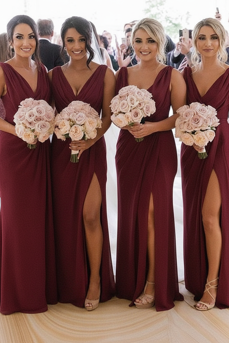 Burgundy Simple V Neck Sleeveless Sheath Pleated Chiffon Bridesmaid Dress with Split