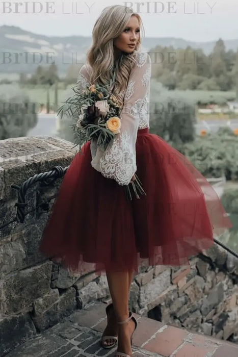 Burgundy Simple Wedding Dress A Line Designed Neckline Lace Tulle Bridal Gowns