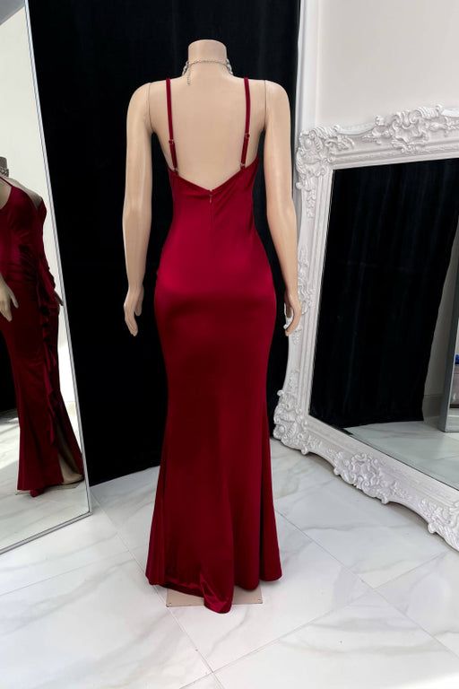 Burgundy Spaghetti Strap Sleeveless Prom Dress with Pleated Side Slit