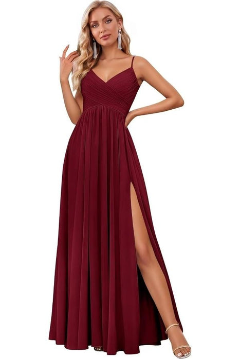 Spaghetti Strap V-Neck Chiffon Bridesmaid Dress with Slit