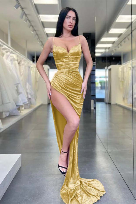 Burgundy Spaghetti Straps Sequins Mermaid Evening Dress Sleeveless With Split - Prom Dresses