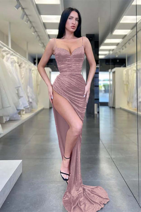 Burgundy Spaghetti Straps Sequins Mermaid Evening Dress Sleeveless With Split - Prom Dresses