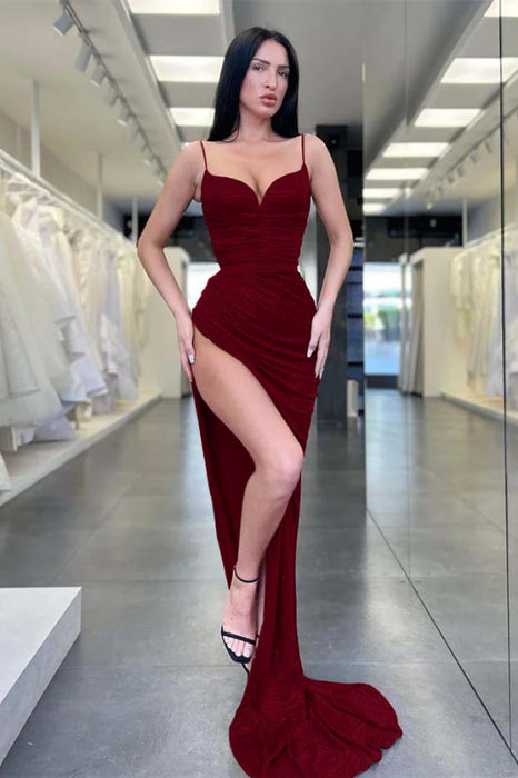 Burgundy Spaghetti Straps Sequins Mermaid Evening Dress Sleeveless With Split - Prom Dresses