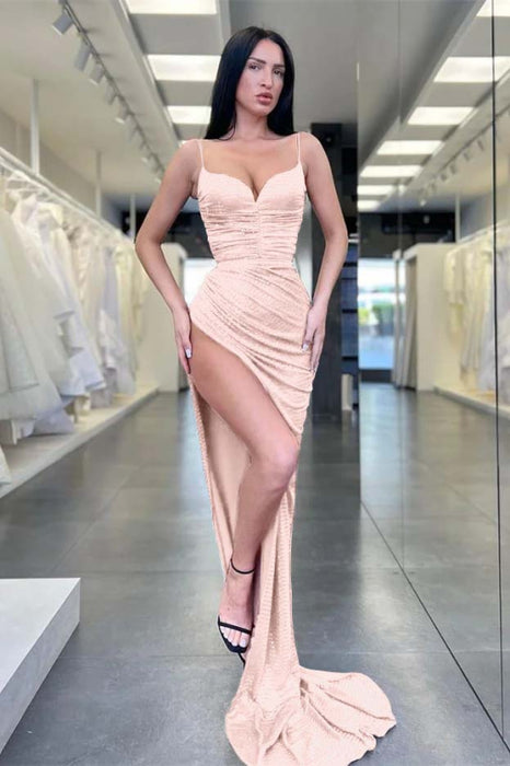 Burgundy Spaghetti Straps Sequins Mermaid Evening Dress Sleeveless With Split - Prom Dresses