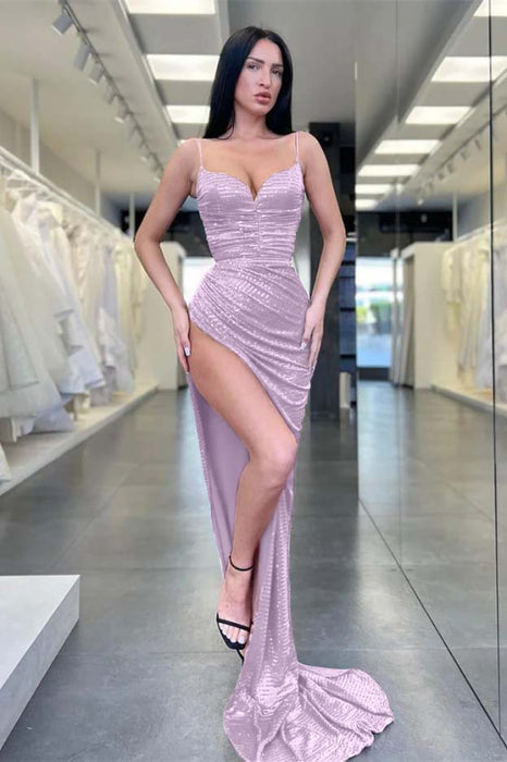 Burgundy Spaghetti Straps Sequins Mermaid Evening Dress Sleeveless With Split - Prom Dresses