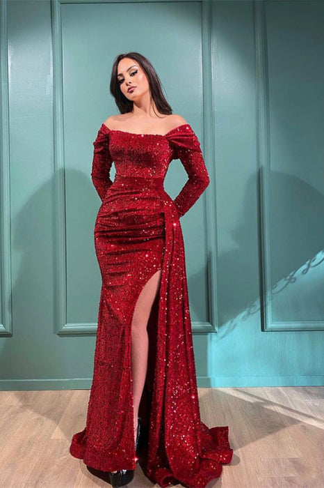 Burgundy Split Mermaid Prom Dress with Detachable Ruffles