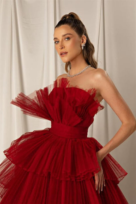 Burgundy Strapless Mermaid Evening Dress Online with Layers