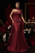 Burgundy Charming Strapless Beadings Satin Prom Dress Mermaid with Cape