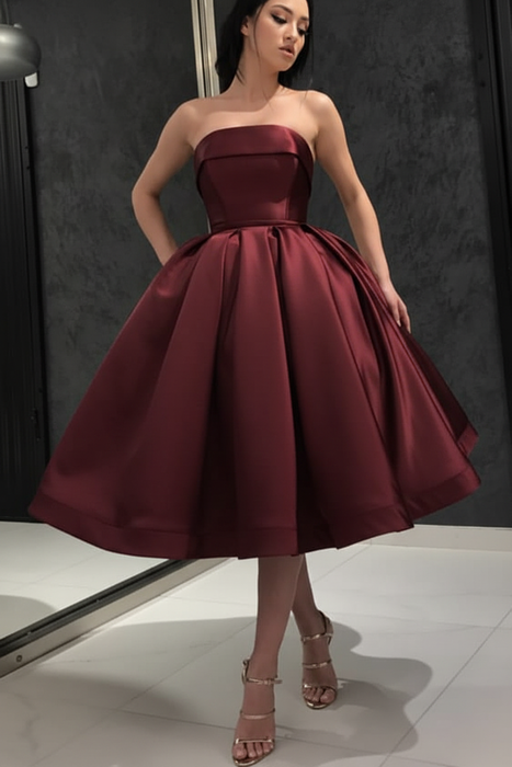 Burgundy Strapless Tea Length Prom Dress Sleeveless Aline Homecoming Dress Satin Cocktail Dress