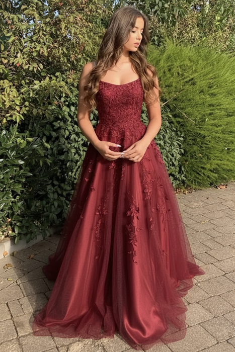 Burgundy Stylish Lace Long Prom Dress with Spaghetti Straps