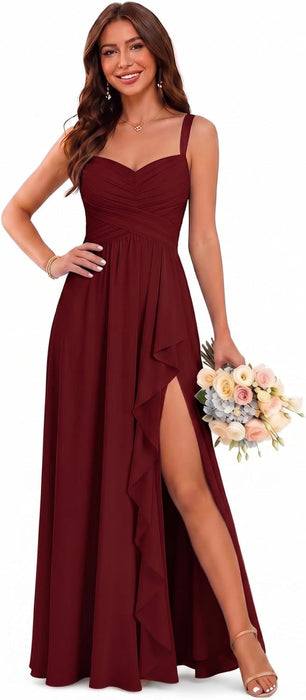 Women's Chiffon Bridesmaid Dresses Long Evening Formal Gown with Slit - Burgundy