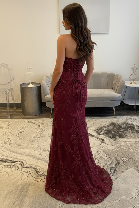 Burgundy Sweetheart Lace Mermaid Evening Dress Sequins Corset Prom Dress with Appliques