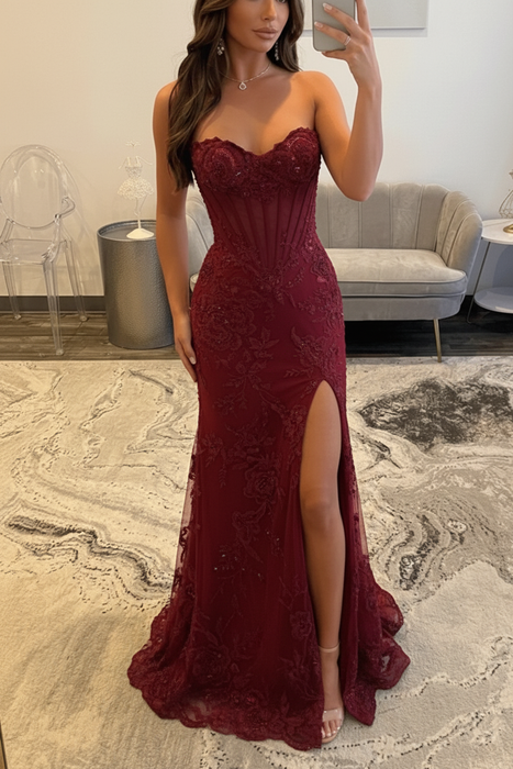 Burgundy Sweetheart Lace Mermaid Evening Dress Sequins Corset Prom Dress with Appliques