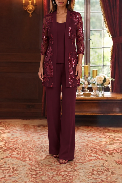 Burgundy three-piece mother of the bride pantsuit