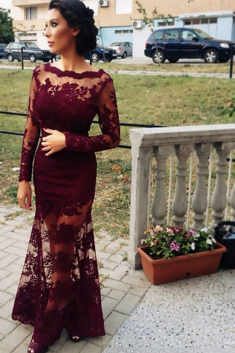 Burgundy Trumpet/Mermaid Bateau Long Sleeves Applique Lace Dresses - Prom Dresses