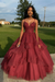 Burgundy Spaghetti Straps Aline Prom Dress Tulle Aline Evening Dress with Lace