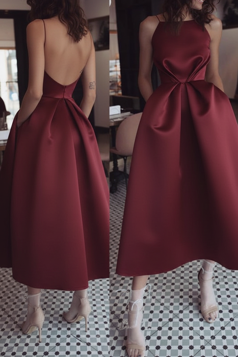 Burgundy Unique Tea Length Satin Party Spaghetti Straps Backless Prom Dress - Prom Dresses