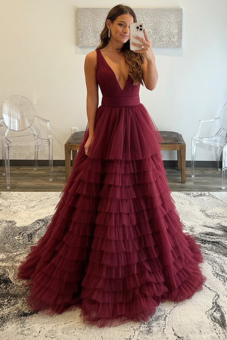Burgundy Tulle Formal Evening Dresses 