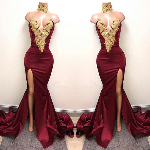 Burgundy V-Neck Mermaid Prom Dress with Split and Lace Appliques