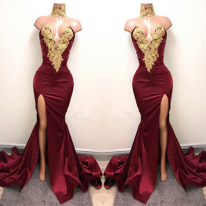 Burgundy V-Neck Mermaid Prom Dress with Split and Lace Appliques