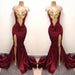 Burgundy V-Neck Mermaid Prom Dress with Split and Lace Appliques