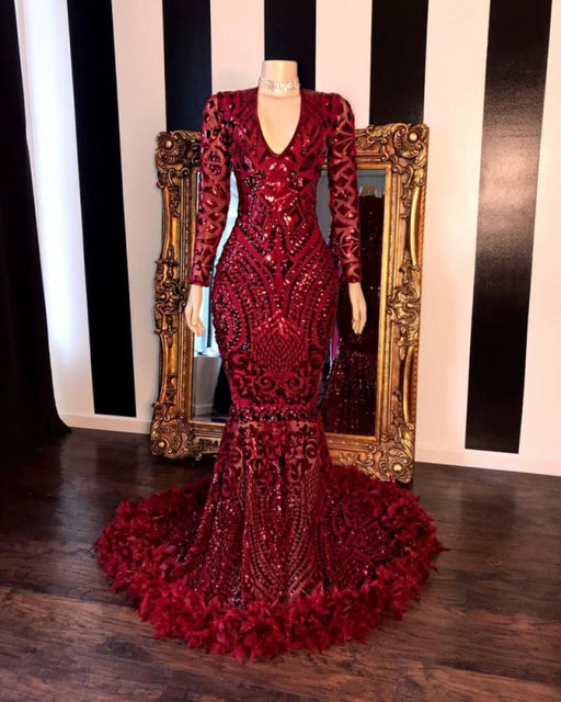 Burgundy V-Neck Mermaid Prom Gown with Dazzling Sequins