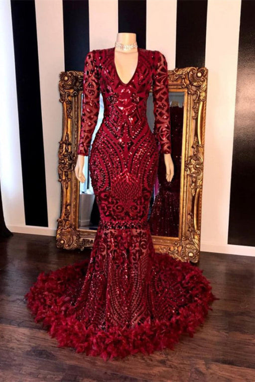 Burgundy V-Neck Mermaid Prom Gown with Dazzling Sequins