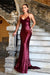 Burgundy V-Neck Sequins Evening Dress