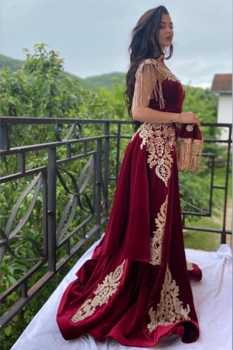 Burgundy Velvet Evening Dress with Gold Appliques Side Split Prom Dress with Detachable Train