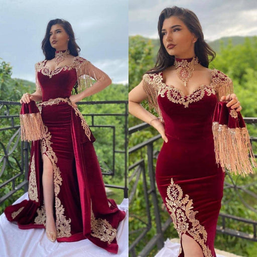 Burgundy Velvet Evening Dress with Gold Appliques Side Split Prom Dress with Detachable Train