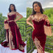Burgundy Velvet Evening Dress with Gold Appliques Side Split Prom Dress with Detachable Train