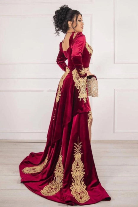 Burgundy Velvet Mermaid Evening Dress Front Split Long Prom Dress with Detachable Train