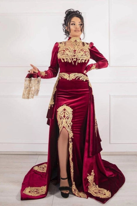 Burgundy Velvet Mermaid Evening Dress Front Split Long Prom Dress with Detachable Train
