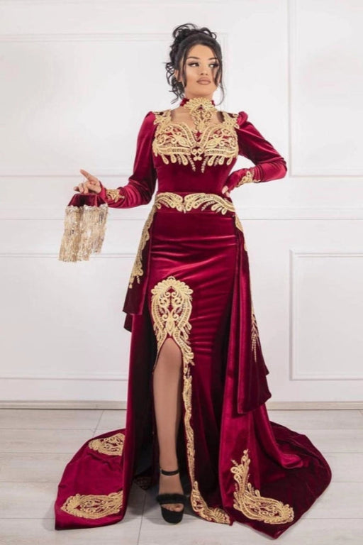 Burgundy Velvet Mermaid Evening Dress Front Split Long Prom Dress with Detachable Train