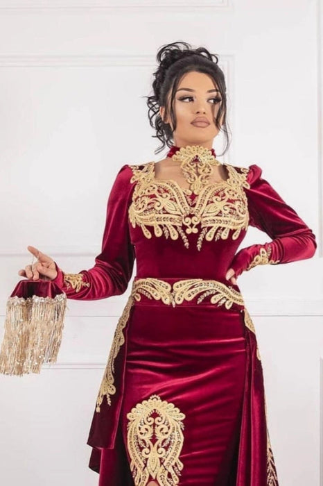 Burgundy Velvet Mermaid Evening Dress Front Split Long Prom Dress with Detachable Train