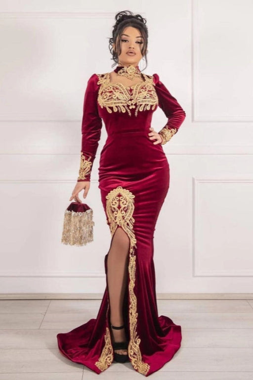 Burgundy Velvet Mermaid Evening Dress Front Split Long Prom Dress with Detachable Train